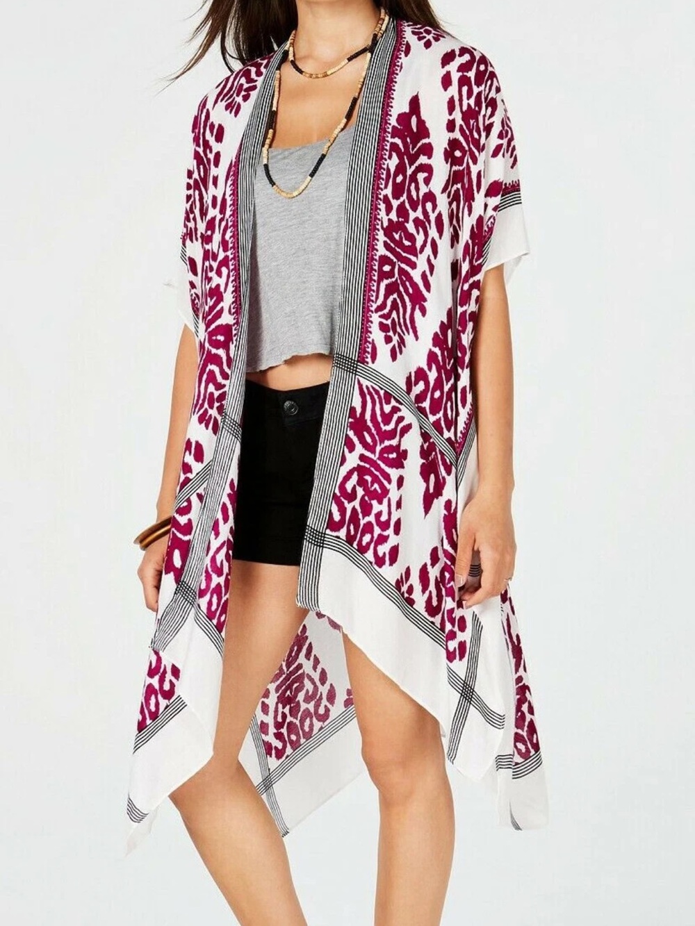 Cejon White and Magenta Open-Front Knit Kimono